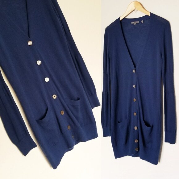 Vince 100% Cashmere V Neck Longline Cardigan S Lightweight Blue Button Pockets - Picture 9 of 16